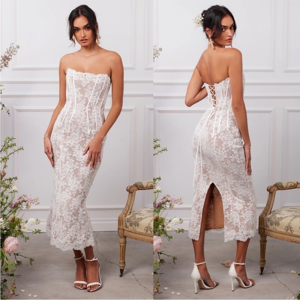 NWT V. Chapman x Revolve Capulet Bridal Midi Dress in White Chantilly Lace Sz 0